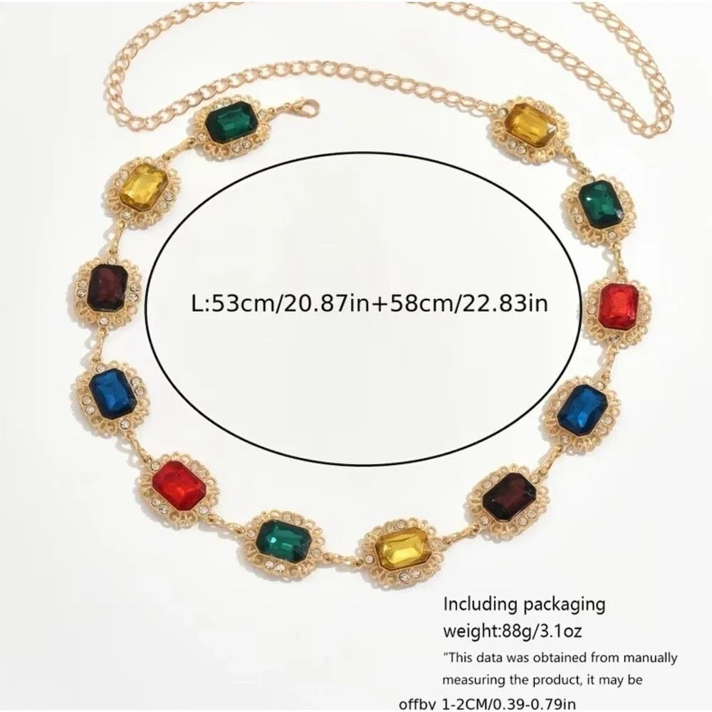 Vintage Inspired Multicolor Gemstone Waist Chain Belt Rhinestone Adjustable